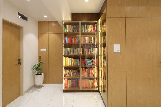 A short passage between wood-grain doors, ending in a glass-fronted bookcase lit from inside, with a plant in a white pot beside it.