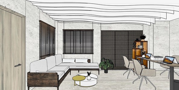 A hidden-line model view of an open office — an L-shaped sofa and low table on one side, a run of desks and task chairs on the other, a corner window with blinds, and a slatted ceiling running the length of the room.