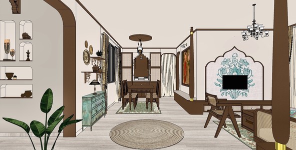 A model view of a living and dining room framed by teak arches — a green painted sideboard, a jaali screen around the television, a round jute rug, planting either side, and a dining table beyond.