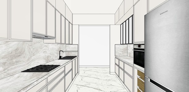 A model view of a narrow galley kitchen — cabinets and a hob along one side under a marble splashback, a tall fridge and an oven housing on the other, a window at the far end.