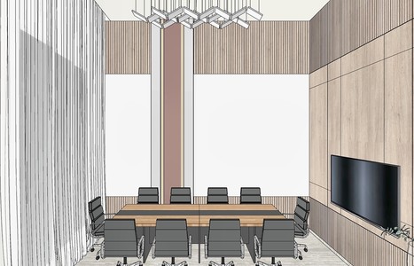 A model view of a conference room — a long table with twelve chairs, a timber-slatted wall on one side, a screen at the end, and sheer curtains across the window wall.