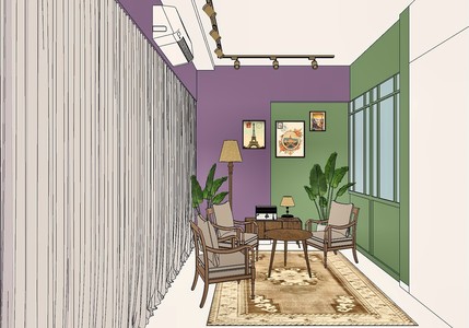 A model view of a small studio room — two cane armchairs and a low table on a patterned rug, one wall painted plum and the next green, framed prints, track lights and a plant in the corner.