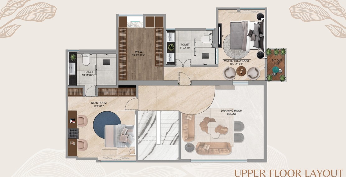 A styled floor plan of the upper floor in the same treatment, with the stair and the void over the living room.