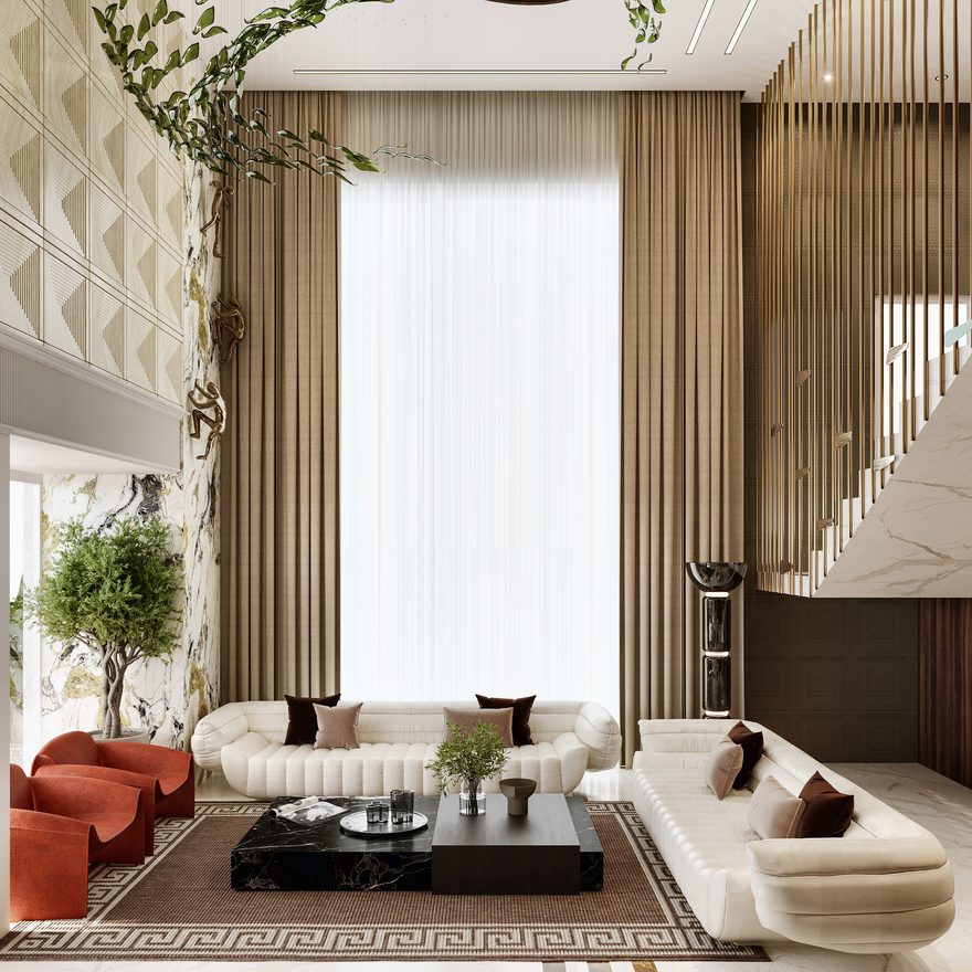 A 3D view of a double-height living room — a pale sofa and a rust armchair on a marble floor with a black key-pattern border, full-height curtains, a tree in the corner and planting hung from the ceiling.