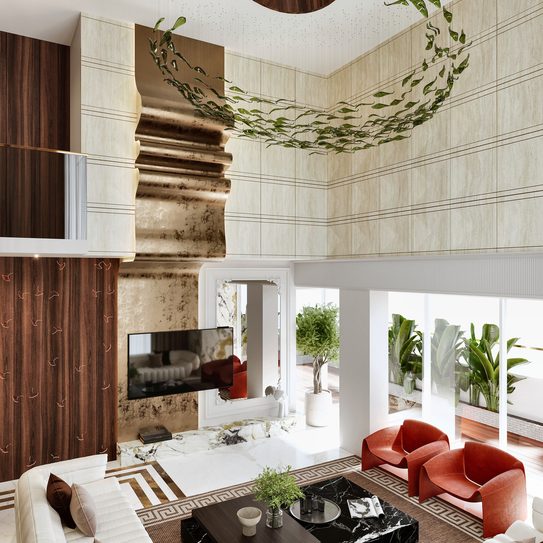 The double-height living room