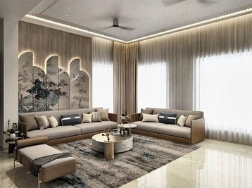 A long sectional sofa against a wall of arched painted panels showing a landscape.