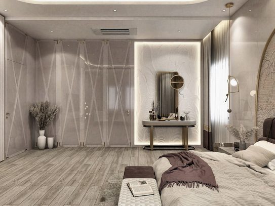 The other end of the master bedroom — a lit dressing mirror and console set into a wall of fine diamond-patterned glazing.