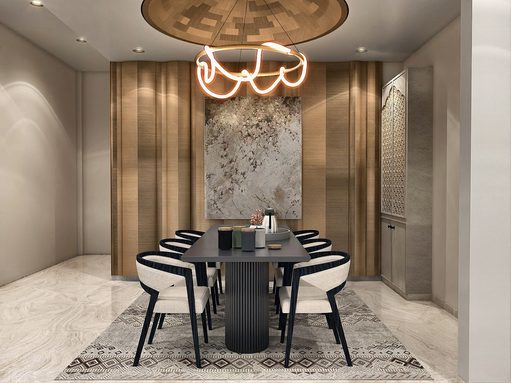 A 3D view of the dining room — a fluted metallic wall, a dark table, a sculptural pendant.