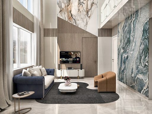 A 3D view of the double-height living room, furnished — a stone feature wall, a television on a timber panel, a blue sofa.